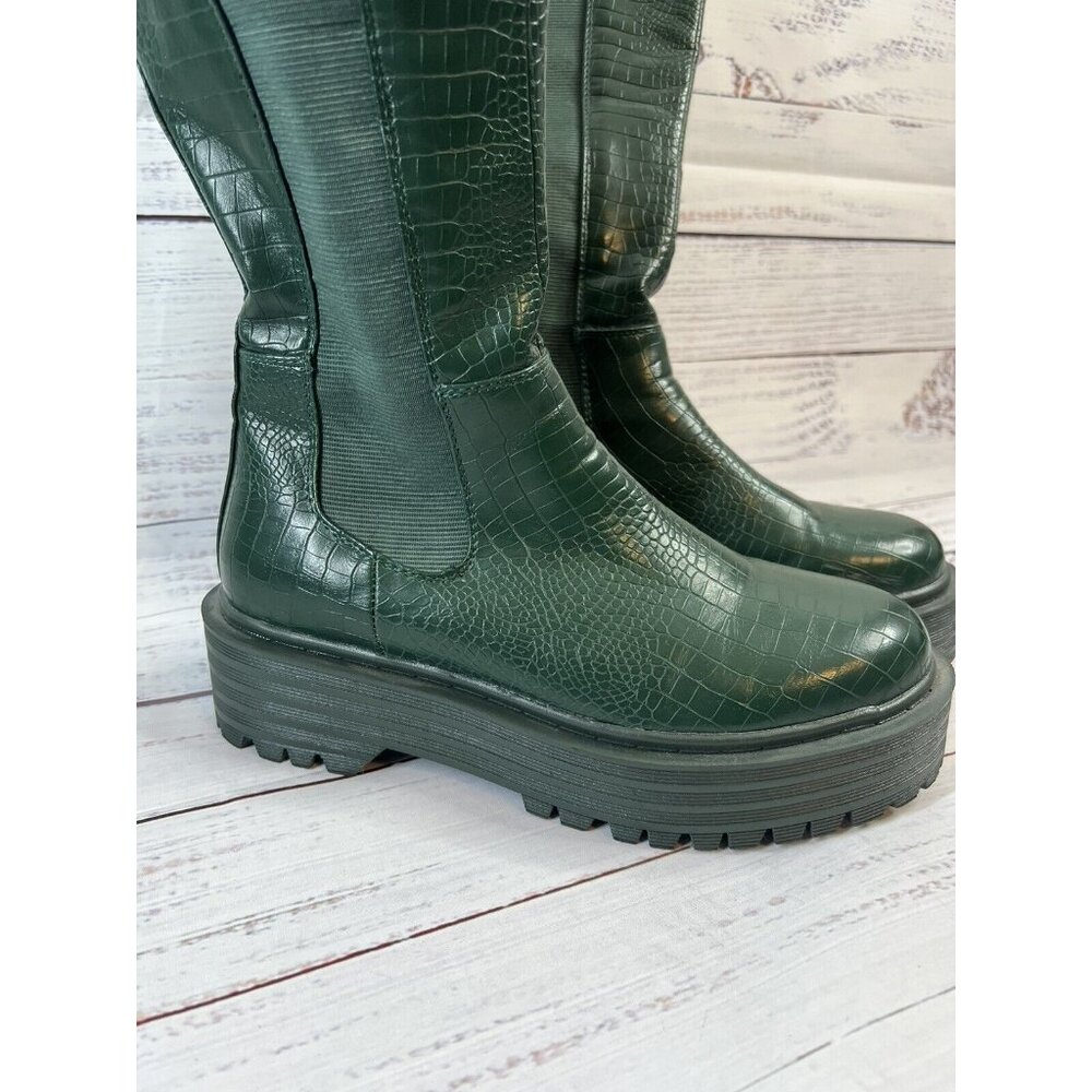 AZALEA WANG Knee High THE RIDING CROC Vegan Green Leather Boots SUE 7.5 Grunge - Picture 3 of 13